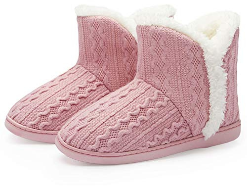 TUOBUQU Hausschuhe Damen Winter Warm Fuzzy House Knit Bootie Hausstiefel Damen Plüsch Hüttenschuhe für Indoor Rosa 40/41 EU