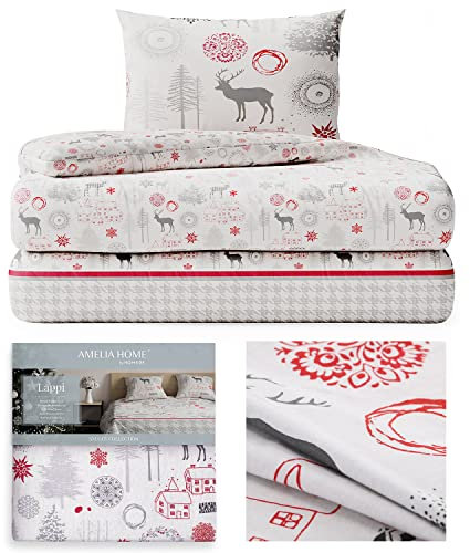 AmeliaHome 2tlg Biber Bettwäsche 155x220 cm mit 1 Kopfkissenbezug 80x80 cm 100% Baumwolle Bettbezug Reißverschluss Snuggy Lappi Tannenbäume Rentiere Sterne weiß rot grau