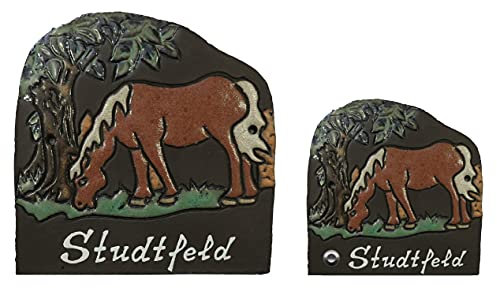 Keramikschild-Pferd-Türschild-Klingelschild-Namensschild-190 x 180 mm-Schild-Relief von Hand gefertigt-Incl. Beschriftung-Mit, oder ohne Klingel (6947 mit Text mit Klingel)