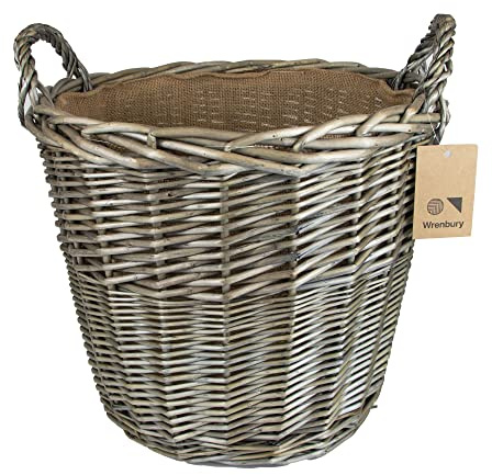 Wrenbury Willow Round Wicker Storage Basket With Hessian Lining | Blanket and Throw Cushion Lined Belly Basket With Handles for Living Room | 38cm Diameter