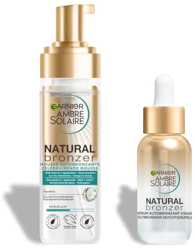 GARNIER Ambre Solaire - Coffret Mousse & Sérum Autobronzants & Hydratants - Teint Naturel & Radieux - Eau De Coco, Glycérine, Acide Hyaluronique - Vegan & Cruelty Free - Visage & Corps