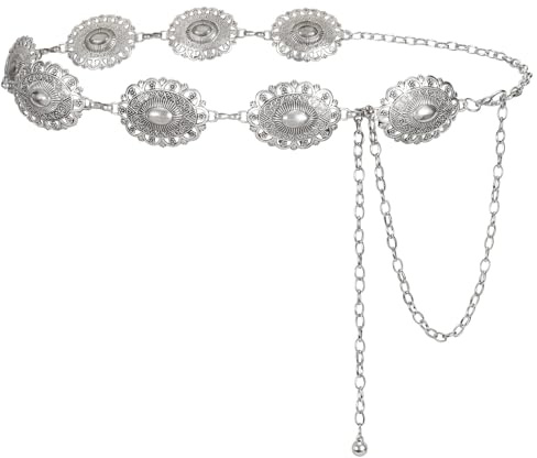 LEACOOLKEY Women Western Boho Chain Belt Country Concho Cowgirl Vintage Chain Belt,silver