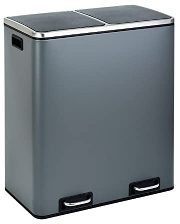 SVITA TM2X30 Poubelle à pédale, 60 l, design pour tri sélectif, système de tri des déchets, système de tri intérieur, amovible, avec anse et amortisseur de fermeture, grise