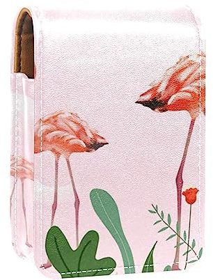 Women’s PU Leather Makeup Lipstick Case, Lipstick Case Holder with Mirror Cute Portable Makeup Travel Cases for Purse Lipstick Holder, Pink Fire Bird Tropical Plant Flower