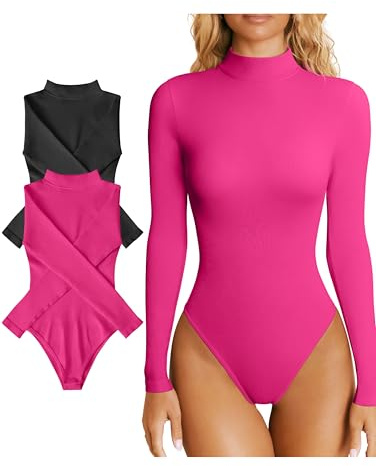 OQQ Body da donna Set da 2, Body a maniche lunghe, Sexy Collo alto Casual Basic Body Nero Rosa