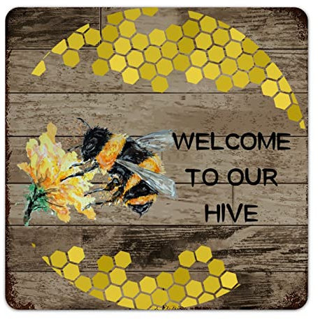 Welcome to Our Hive Maßgeschneiderte Metallschilder Rustikale Badezimmerschilder Hummel Bienen Outdoor Garten Heimdekoration Blechschilder für Eingangsbereich Hof Garten 30,5 x 30,5 cm