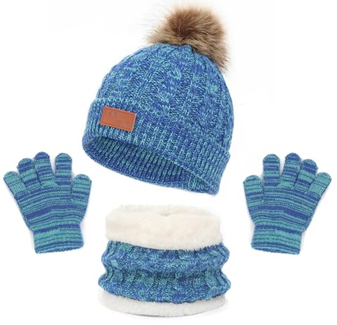 LINSOCLE 3 en 1 Bonnet Enfant Fille, Ensemble Bonnet Echarpe Enfant, Bonnet Enfant Hiver avec Pompon, Tour de Cou Enfant avec Doublure, Hiver Accessoires Ensemble Set Pour Garcon Enfants 2 à 6 ans