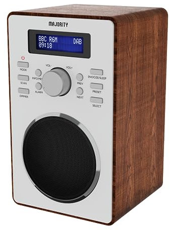 Majority Barton Radio, DAB, DAB+ Digital and FM, Retro Design, Mains Powered, Dual Alarm, Sleep Timer, 20 Preset Stations, 3.5mm Headphone Jack, Snooze Function, LCD Display – Walnut