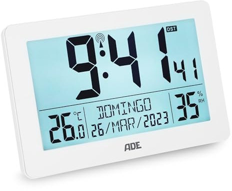 ADE Digitale XL-Funkuhr mit sehr großen Ziffern | Tischuhr mit 2 Weckzeiten und Beleuchtung | Thermometer & Hygrometer | batteriebetrieben | Uhr zum Hinstellen | schmaler weißer Rahmen