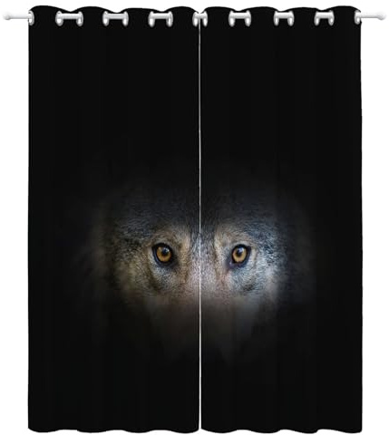 Srigzcaly Rideaux Occultant ModèLe de Loup Animal Noir 3D Impression Isolant ​Thermique Isolant ​phonique 90% Rideaux Occultant à Oeillets Douceur Chambre Garçon Fille 2 Panneaux 117 x 229 cm(LxH)