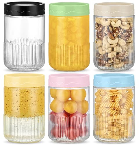 Danmu Art 6-Pack 500ml Glass Overnight Oats Jars with Airtight Lids – Leakproof, BPA-Free, Dishwasher Safe – Ideal for Meal Prep, Storage, Jam, Yogurt & Smoothies (Mixed color, 500 ml)