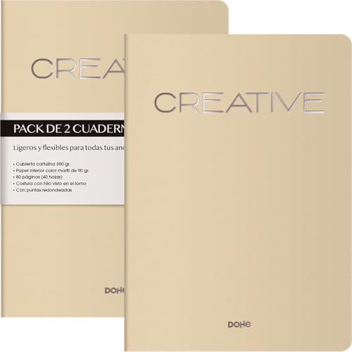 DOHE - Cuadernos A4 Interior Liso (2 uds.) - Tamaño 21x29,7 cm, 40 Hojas (80 Páginas), 90 gr/m², Notas, Organización o Dibujo, Tapa Blanda Flexible - CREATIVE Beige