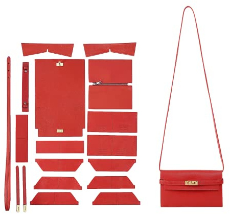 POPSEWING Designer-Langes-Geldbörsen-DIY-Set für Damen, Leder-Geldbörsen-Clutch-Herstellungsset, handgenähtes Leder-Nähset für Damen-Geldbörsen, DIY-Leder-Bastelset für Mädchen-Geschenk (Rot)