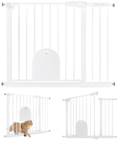 UISEBRT Treppenschutzgitter Türschutzgitter Ohne Bohren für Breiten 95-105 cm Treppengitter mit Katzentür Haustiertür, Selbstschließend, Einhändiges Öffnen Metall Gitter, Weiß
