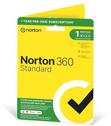Norton 360 Standard 2024 | 1 Device | 1 Year Subscription with Automatic Renewal | Includes Secure VPN and Password Manager | PCs, Mac, Smartphones and Tablets | Activation Code by Post