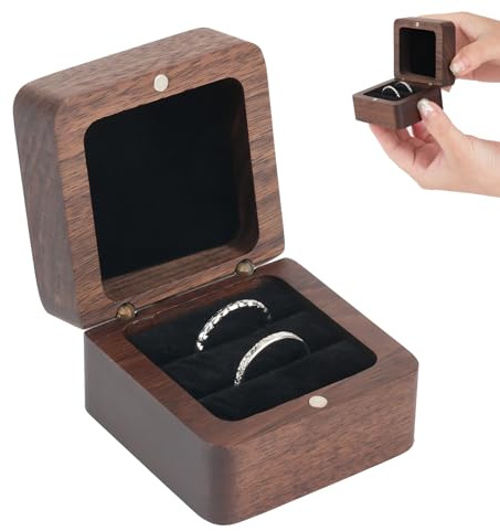 Ringbox Holz, Ring Box, Massive Walnuss Ringschatulle mit Samt Interieur | Ringschachtel für Heiratsantrag, Verlobung, Hochzeit und Tägliche Lagerung (5,5x5,5x3,8cm)