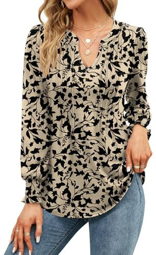 EFFAN Ladies Tops V Neck Long Sleeve Elegant Floaty Floral Printed Holiday Shirt Casual Xmas Floaty Tunic Blouse, Floral Apricot XL (UK 18-20)