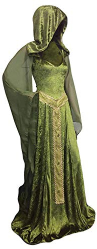 Cyborey Abito medievale con cappuccio da donna, con lacci, stile rétro, verde, lungo, per adulti, Halloween, cosplay, costume, verde, L