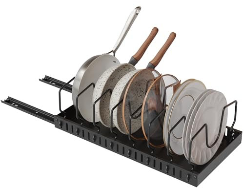 NETEL Organizador Sartenes Extraible para Armario Cocina,Soporte de Ollas para Cajones,Almacenaje de Ollas y Sartenes con 8 Separadores Ajustables， on Película Adhesiva Sin Perforar，Negro