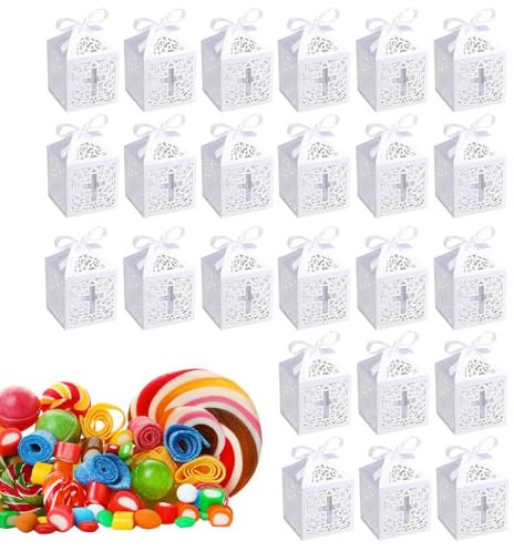 Taufgeschenkboxen, kleine Geschenkboxen für Partygeschenke - Stabile Pralinenschachtel mit Feinpapier 24 Stück - Exquisite Geschenkboxen mit durchbrochenem Design für kleine Süßigkeiten, Pralinen und
