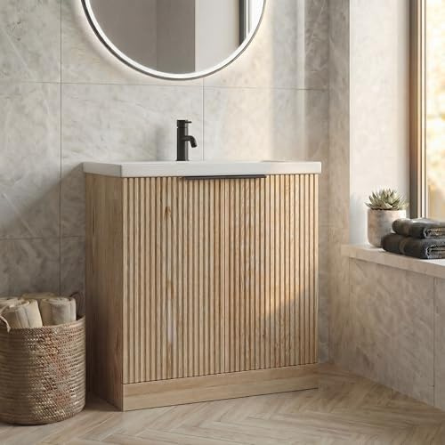 BAYSTONE® Fluted 800mm Bathroom Vanity Unit Ceramic Wash Sink, Cloakroom Storage Furniture Under Basin Cabinet Floorstanding Cupboard, Wood