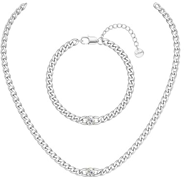 Adramata Kedjehalsband och armband för dam herr - kubansk kedja i 14K guldpläterad rostfritt stål - smyckeset med Zirconia - justerbart längdhalsband 40/45/50 cm - present till dam, 45CM
