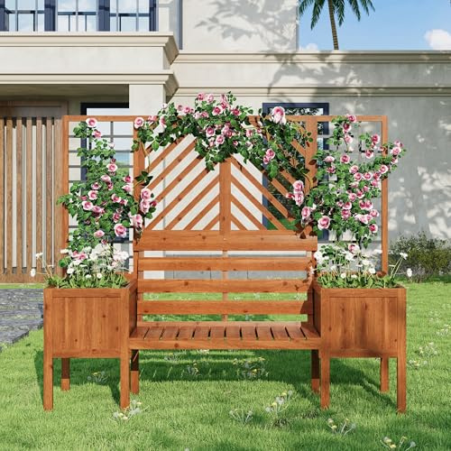 Jardinera con celosía, jardinera con mucho espacio, jardinera de madera maciza marrón, con celosía y asiento para jardín, patio, terraza.