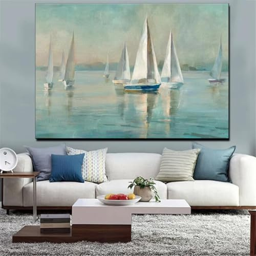 IHHGNB Impression sur toile moderne avec paysage marin, tableau nordique pour salon, bateau, mer, 80 x 120 cm (31 x 47 pouces), sans cadre