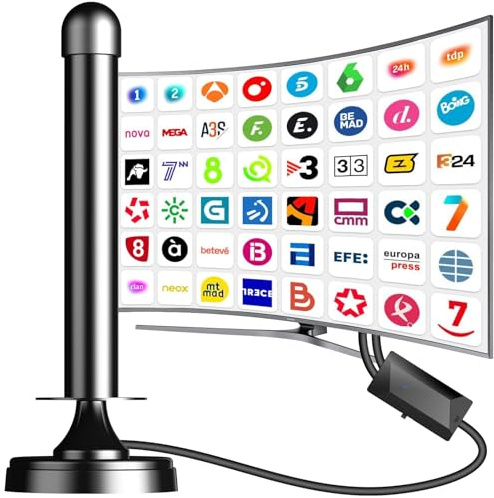 DGUPSP Antena TV Interior Potente con Amplificador y Recepción 360° para Canales Locales HD - Antena Digital TV Interior/Exterior - Soporta 4K/1080P, DVB-T/T2, VHF/UHF - Black