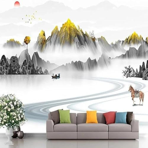 Gold Mountains Trees Birds Sunrise Rivers Boats 3D Wallpaper Feature Office Living Room Sofa Bedroom TV Background Wall Decoration-430cm×300cm