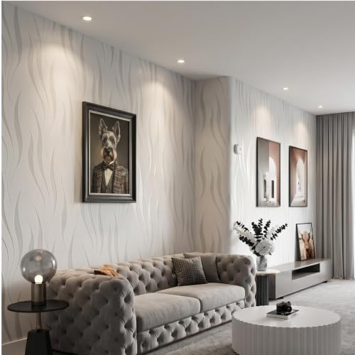 Trafagala White Embossed Wallpaper Non-Woven Wave Stripes Roll 3D Silver Glitter Wallpaper Feature Modern Geometric Patterned Taupe for Livingroom Bedroom Kitchen