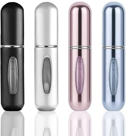 Souruud Atomizador de Perfume 5 ml, Mini Botella de Viaje, Impermeable y Portátil, para Bolso o Avión, Juego de 4 (negro, plata, rosa, azul)