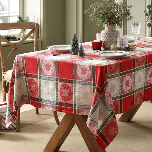 Home Bargains Plus Wreath Plaid Fabric Tablecloth, 60 x 102 Inch Rectangle, Red and Green Christmas Patchwork with Wreath Design, Cotton Blend Holiday Table Cover for Winter Dining