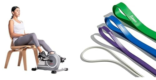Sunny Health & Fitness Magnetic Under Desk Mini Exercise Cycle Bike, Dual Function Pedal Exerciser + Versatile Resistance Bands (Single or Combination Set) - 4.5-35kg Combo