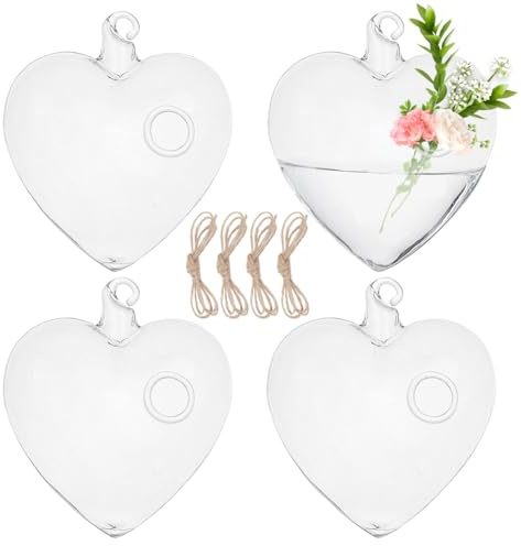 DELORIGIN Lot de 4 pots de fleurs à suspendre en verre Air fougère - Vases hydroponiques suspendus avec corde en jute - Pour terrarium et plantes - Vase à suspendre pour décoration de Noël (cœur)