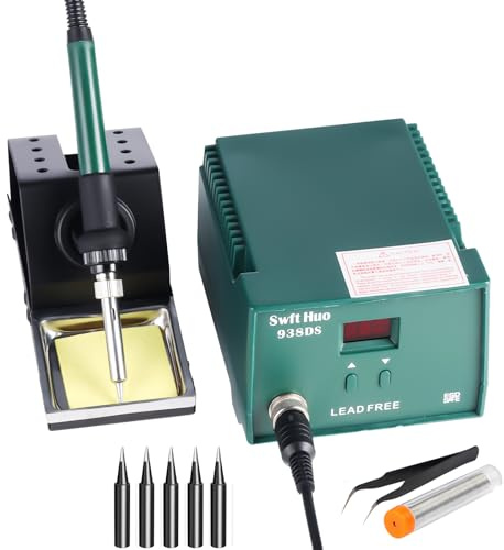 Stazione Saldante, 80W 938DS Kit Stazione Saldante con 5 Punte di Saldatura, filo saldante, pinzette, Kit Stazione di Rilavorazione per Elettronica