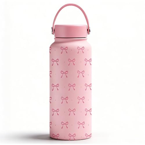 Pink Bow Stainless Steel Insulated Water Bottle, 32oz Stainlesses Steels Insulated Water Bottle, Stainless Steel Girls Water Bottles Gift for Woman, Girls, Teens Christmas Birthday