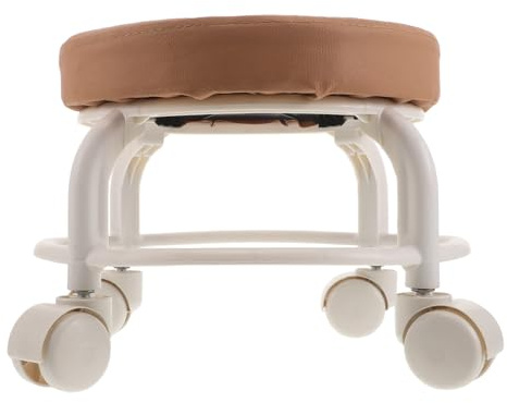 TOPPERFUN Tabouret Roulant Pivotant Bas en Similicuir Marron avec roulettes Universelles – Petit Tabouret Compact pour Salon de Beauté Bureau ou Spa – Repose-Pieds Mobile Ergonomique et