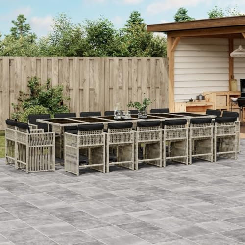 QJBSAVVA 17-TLG. Garten-Essgruppe: klappbare Poly-Rattan-Stühle, 330×106 cm Hartglas-Tisch Hellgrau/Anthrazit-Kissen, für Garten Terrasse