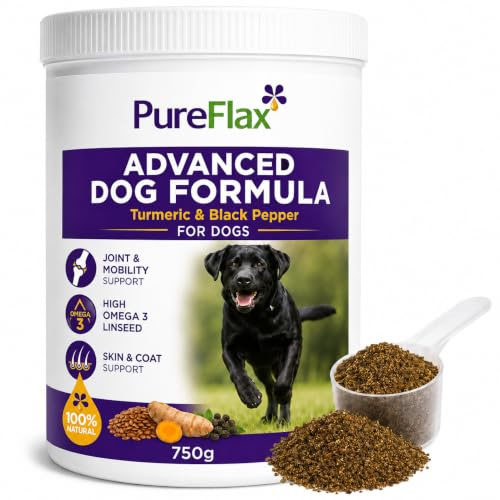 PureFlax Turmeric & Black Pepper Supplement for Dogs 750g | Omega 3 linseed supplement powder for joints, skin, coat, mobility and immune support