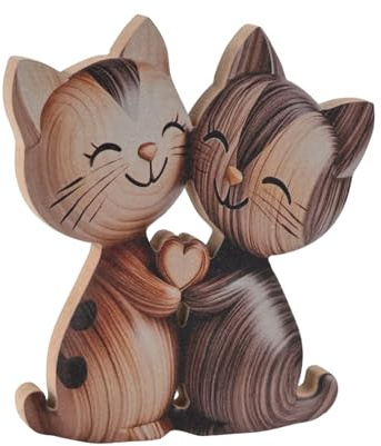 DONGKER Cat Desk Decoration,Wooden Couple Kitten Desk Sculpture for Table Bookshelves Living Room Hallway Windowsills