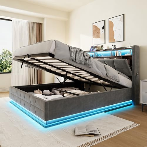 NADEUSAK Multifunktionales Bett Dunkelgrau 140x200cm, Offene Regale, Seitentaschen – Stauraum-Kopfbrett Plus Federholzrahmen (Matratze)