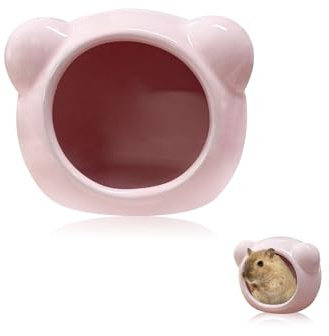 Andiker Casa de hámster de cerámica, bonita cueva de hámster con forma de animal para verano, decoración de hábitat para hámsters enanos, jerbos, chinchilla, oso de seda dorado (rosa, M)