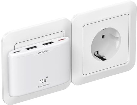 LENCENT 45 W USB C platt väggladdare för Tyskland och Spanien | multiladdare med 4 USB-portar, ultratunn väggadapter kan inte användas i Frankrike