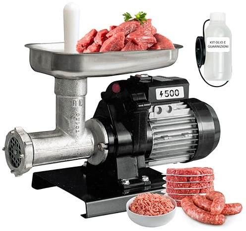 Reber Tritacarne Elettrico N.12 500W per Macinare Carne, Preparare Salsicce | Corpo in Ghisa Stagnata – Motore a Induzione per Uso Continuo – Made in Italy