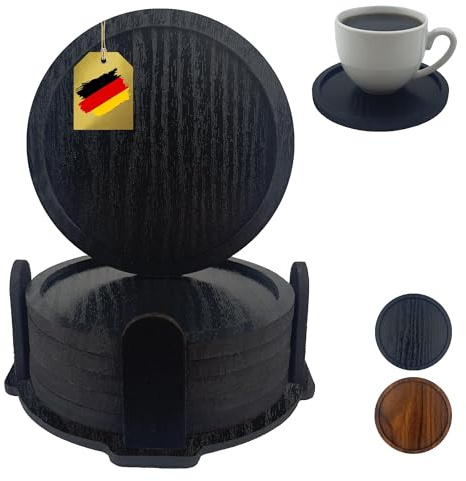 AlemsDesign Untersetzer Gläser Holz, 6er Set mit Halter, schwarz, rund ca. 11 cm — Glasuntersetzer, Design Glas Untersetzer-Set für Getränke, rutschfest hitzebeständig Kratzfest, Tischdeko, Geschenk
