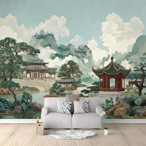 200 x 140 cm Papel pintado mural Crema Blanco Arte Papel tapiz Fotomural Estilo Chino Pabellón Montañas Agua, Moderna Decoración Tejido no Tejido Decoración De Estudio chino
