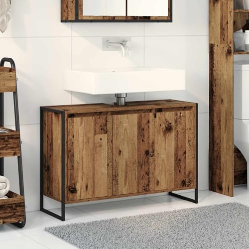 Drillkyn Armadietto da bagno con anta, in legno anticato, 90 x 30 x 60 cm, con vano portaoggetti e gambe in acciaio, per bagno degli ospiti, WC, lavanderia, moderno ordine e ripiano