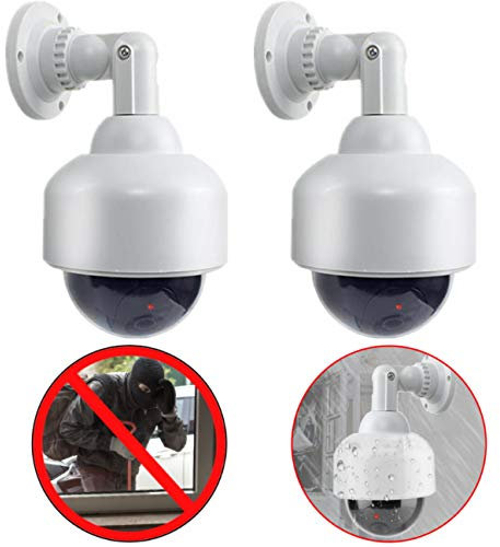 O&W Security 2 Dummy telecamere finte professionali di sorveglianza a cupola, per esterni, con obiettivo, cavo e videosorveglianza lampeggiante