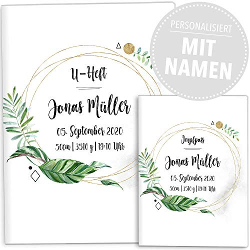 OLGS U-Heft und Impfpasshülle Set | Tropical Green | Hüllen für den Untersuchungsheft & Impfpass | Babygeschenk für jugne Mama mit Namen und Geburtsdatum (Uhefthülle, Impfpass personalisiert, 05)